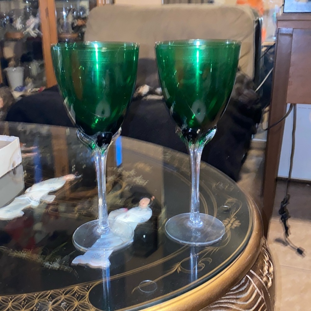 Murano Art Glass 2 Green Clear Ribbed Stem Vintage Style Hand Blown Wine Glass